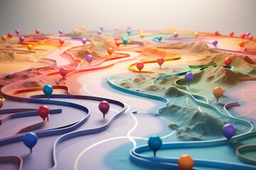Colorful pins mark specific locations on a vibrant, stylized 3d topographic map, representing destinations or points of interest