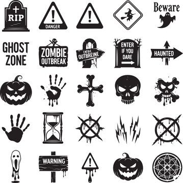 Collection of black and white Halloween and horror themed graphic icons and signs