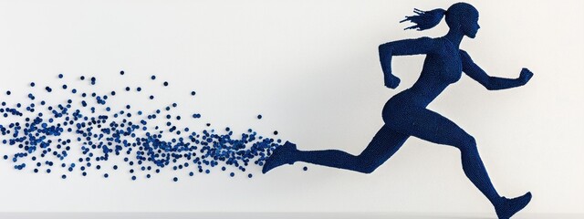 Abstract illustration of a female runner, depicted in a pixelated style with blue and white hues against a white textured background. The runner's form is composed of small squares.