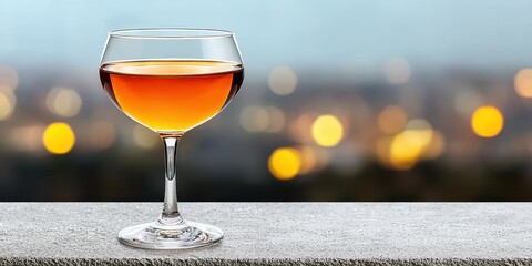 Amber liquid in a clear stemmed glass sits on a textured surface against a softly blurred background of warm toned city lights at night. The image evokes a feeling of relaxed sophistication.