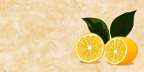 Two lemon halves with green leaves on a beige background. The lemons are bright yellow, juicy and segmented, while the leaves are dark green and vibrant. The background is a light beige.