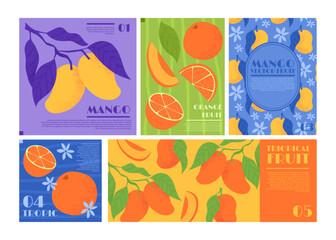 Fruit Italian. Seamless pattern with mango, oranges and peaches with leaves. Food fruitage posters, floral Mediterranean postcard design. Doodle geometric label. Vector summer garish isolated set