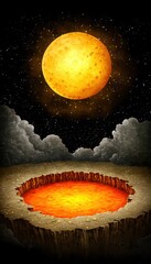 Pixel art depicting a fiery crater glowing with orange and yellow lava, set against a night sky with a large, luminous yellow moon and scattered stars.