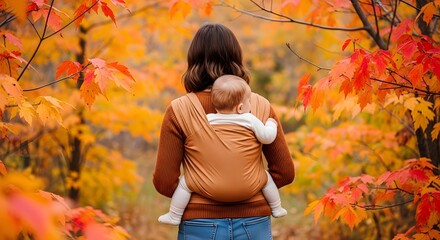 Rear view of a loving mother carrying her sleeping baby in a sling through a vibrant autumn forest with colorful orange and red leaves.