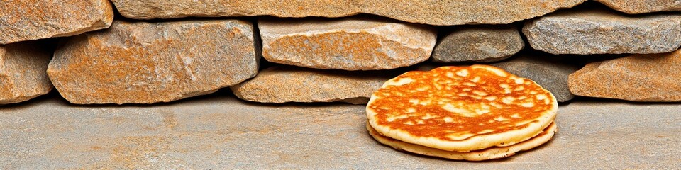 Two Golden Brown Pancakes on Rustic Stone Wall
