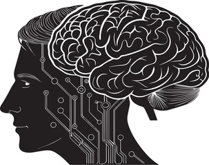 Black silhouette of human brain icon in side profile, vector style symbol for intelligence, idea, mind, thinking, tech, innovation, science, memory, mental health, and creativity

