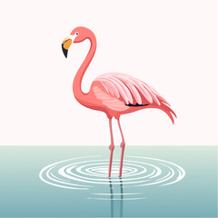 Fototapeta premium Graceful flamingo standing in water with ripples, creating a serene and elegant design element perfect for tropical themes.
