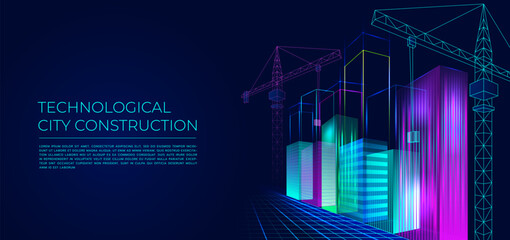 City building. Future technology. Digital AI abstract innovations. Architecture site 3D background. Smart cube concept for tech. Wireframe crane. Architect structure. Vector construction line banner