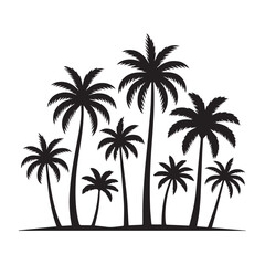 Black Silhouette of Tropical Palm Trees Against a White Background Depicting a Coastal or Vacation Scene in a Minimalist Style