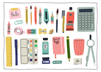 Artwork accessories. Drawing instruments, artist implements. Notebook, paint palette, scissors and pencil. Stationery objects. Vector creativity design elements, cartoon flat isolated illustration © Natalia