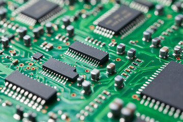 Fototapeta premium Close-up of green electronic circuit board with microchips representing modern technology, precision engineering, and innovation