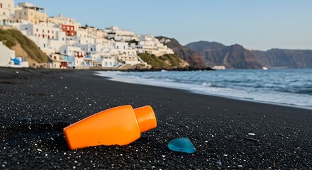 A striking travel scene featuring a bright orange sunscreen bottle resting on the unique black volcanic sand of a beach in Santorini, Greece.