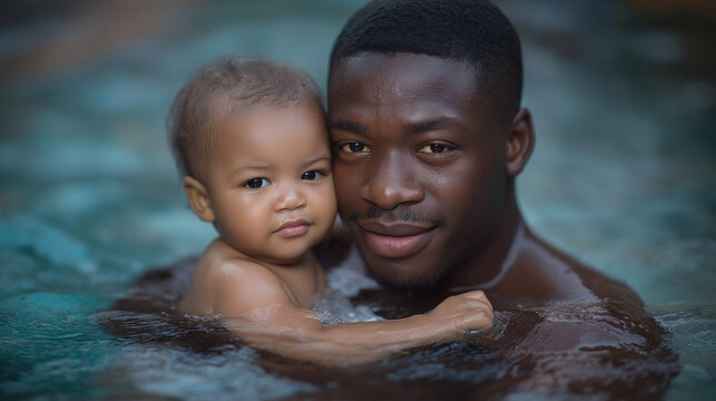 A father swimming with his baby in a pool during a gentle moment - Powered by Adobe