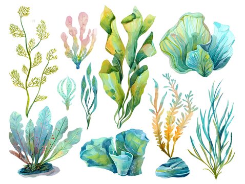 Algae and seaweeds set. Watercolor seaweed, underwater plants isolated collection. Decorative sea elements, plant for aquarium, vector clipart