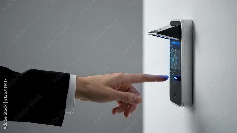 Poster woman using a biometric access control system, finger extended to interact with the device. security