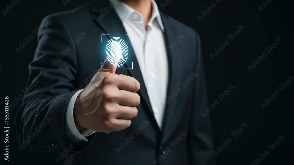 Poster a man using his hand with a digital biometric fingerprint identity scan. digital security access and