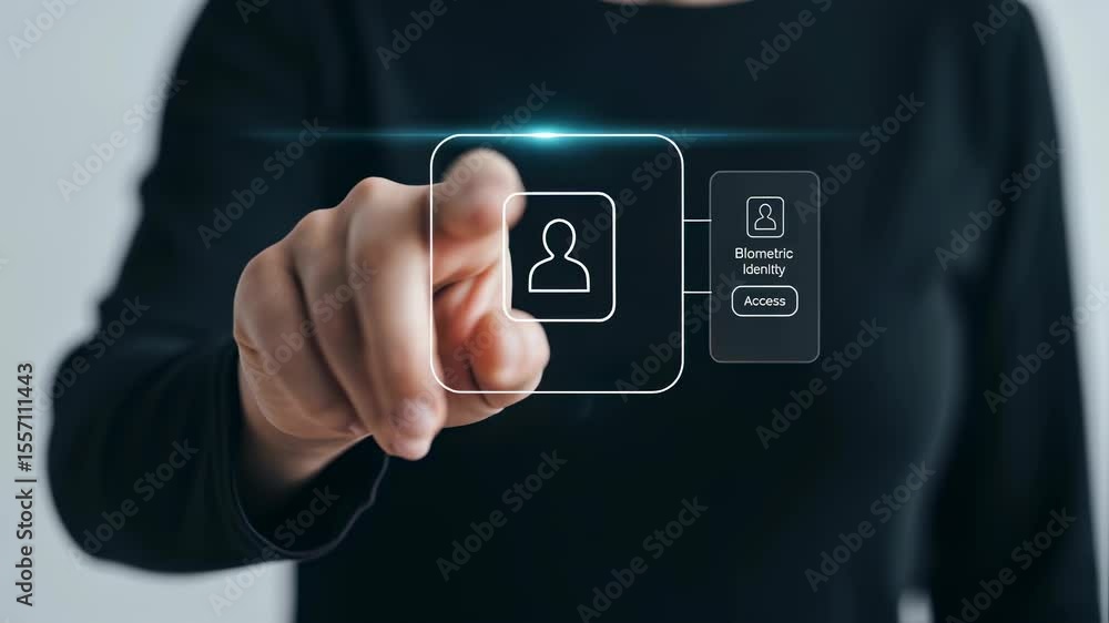 Poster woman touching biometric identity access button to login. biometric authentication for secure person