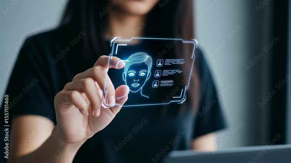 Poster woman holding transparent screen with virtual face scan for biometric personal data recognition and 