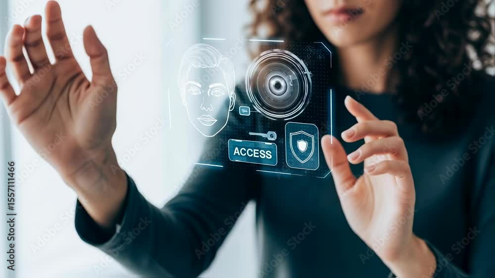 Poster woman activating biometric facial recognition system for secure access as a concept of future techno