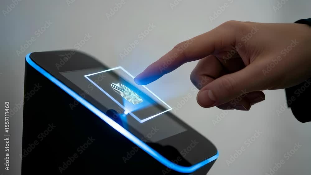 Poster man scanning finger on biometric authentication device. fingerprint recognition technology for secur