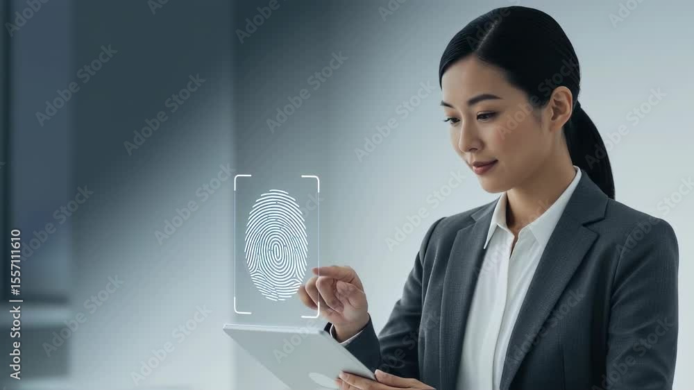Poster a woman uses a tablet for fingerprint biometrics and digital identity authentication. future technol