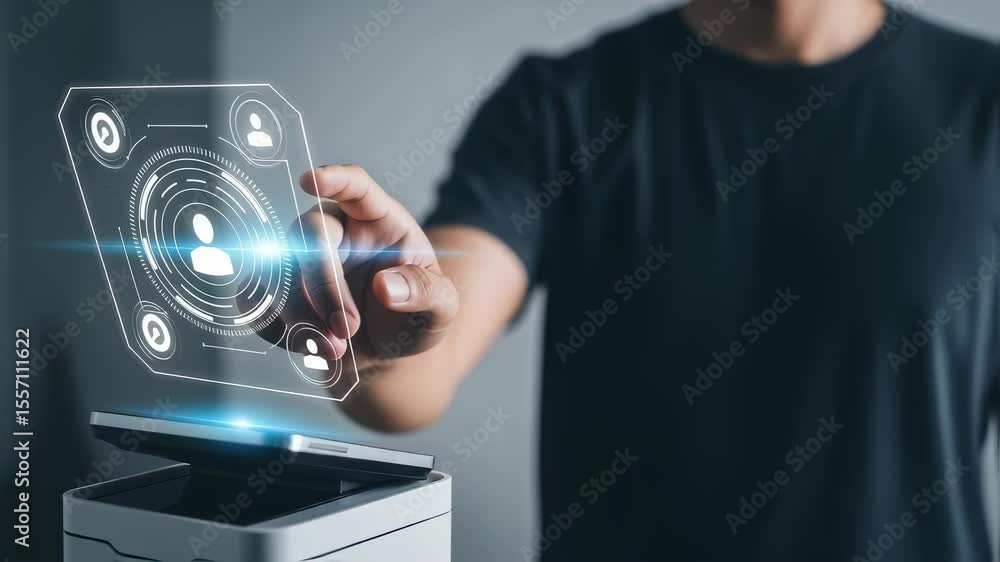 Poster man activating a holographic biometric security system with finger recognition, demonstrating future