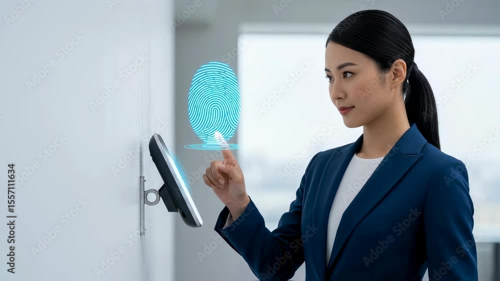 Aufkleber asian woman using biometric fingerprint scan for access. identity verification on a security screen.