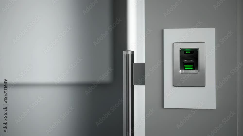 Poster man using fingerprint scanner for biometric security access control. close up of male finger scannin