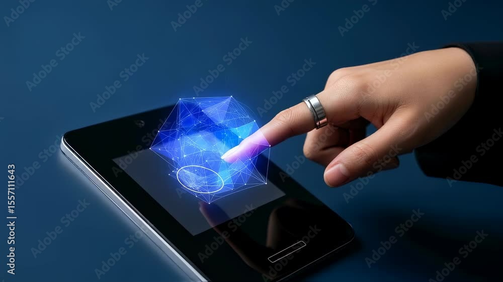 Poster man interacts with a blue polygonal cube on a tablet screen, using a smart ring for biometric data a