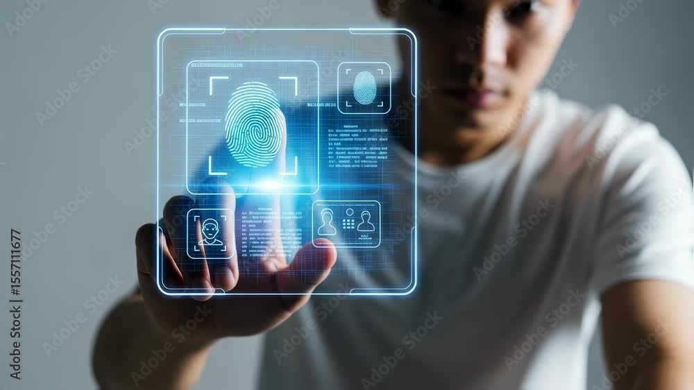 Poster an asian man authenticating identity using a futuristic biometrics fingerprint scanner on a virtual 