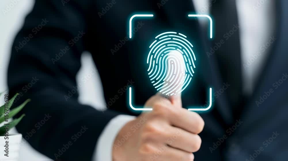 Poster a man's thumb with a glowing biometric fingerprint scan for cybersecurity and data privacy. digital 