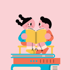 Two children reading a book together, sharing a moment of friendship and learning