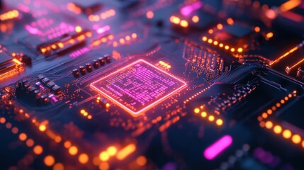 Fototapeta premium Close-up circuit board with glowing chip