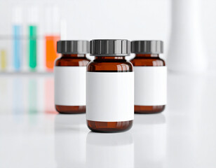 Three amber bottles with blank labels stand in a lab setting, test tubes in the background.