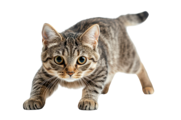 Brown tabby cat on black background hunting feline animal pet predator ambush kitten whiskers stare