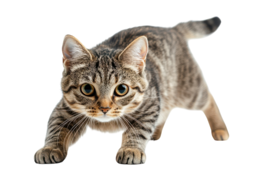 Brown tabby cat on black background hunting feline animal pet predator ambush kitten whiskers stare