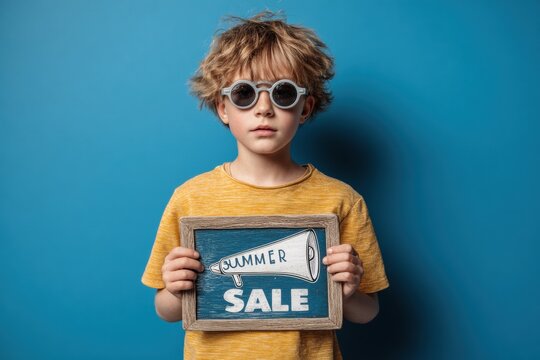Child showing summer sale sign on blue background