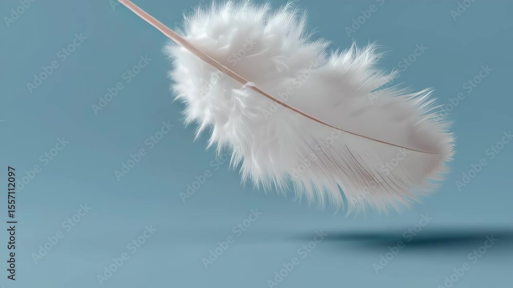 Poster soft white feather gently floating against a serene blue background, showcasing delicate textures an