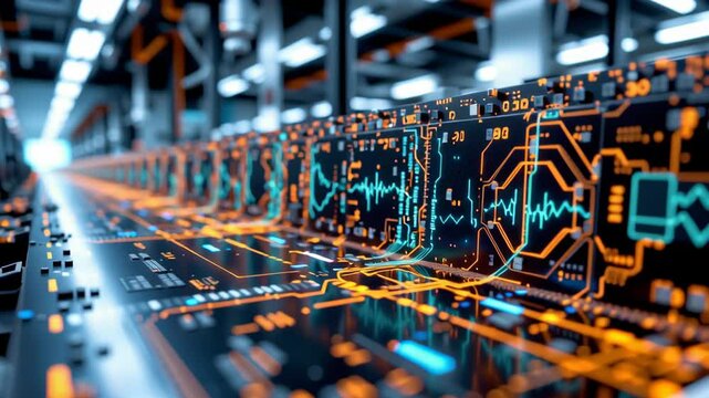 Quantum computing development ai integration powers advanced circuits glowing vibrant orange blue lights futuristic technology innovation design