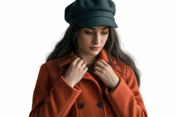 Fototapeta premium A woman in an orange coat and dark cap looks down