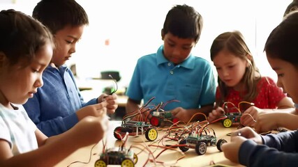 Children Engaging in STEM Activities with Robotics Kits in Classroom                                   