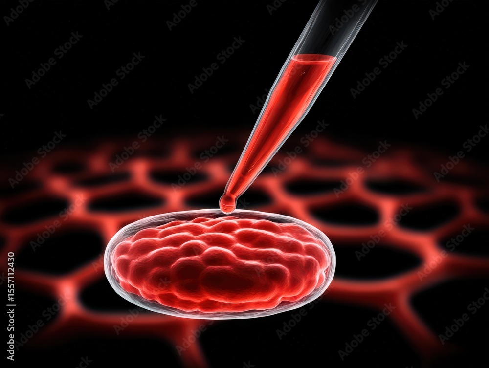 Poster capturing the essence of biomedicine with a red liquid drop penetrating cellular structure represent