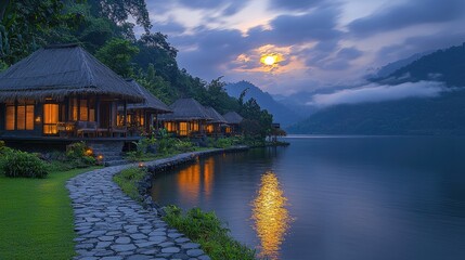Fototapeta premium Tranquil lakefront cottages at sunset.