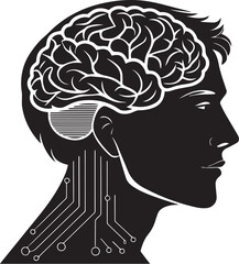 Black silhouette of human brain icon in side profile, vector style symbol for intelligence, idea, mind, thinking, tech, innovation, science, memory, mental health, and creativity

