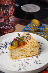 Delicious layered dessert served on a white plate
