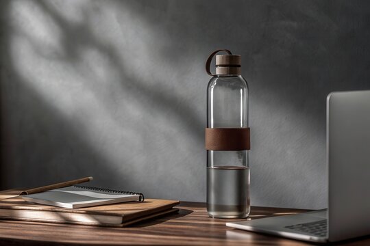 Modern glass water bottle on a wooden desk with a laptop, notebook, and soft shadows in background