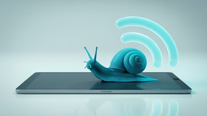 Slowtech concept featuring a snail on a tablet symbolizing slow internet connection