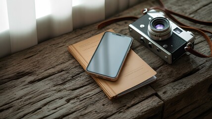 Vintage camera and phone creating a slow tech aesthetic for nostalgic images