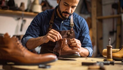 Skilled Cobbler Repairing Leather Boots in His Workshop