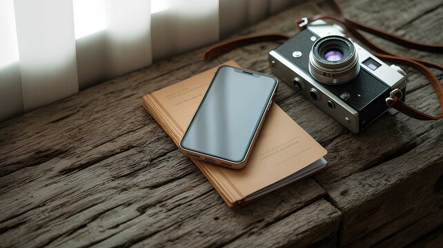 Vintage camera and phone creating a slow tech aesthetic for nostalgic images - Powered by Adobe
